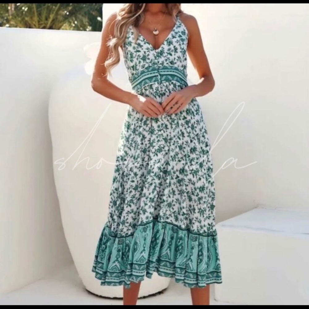 🤩Boho Printed Midi Dress Blue Green White